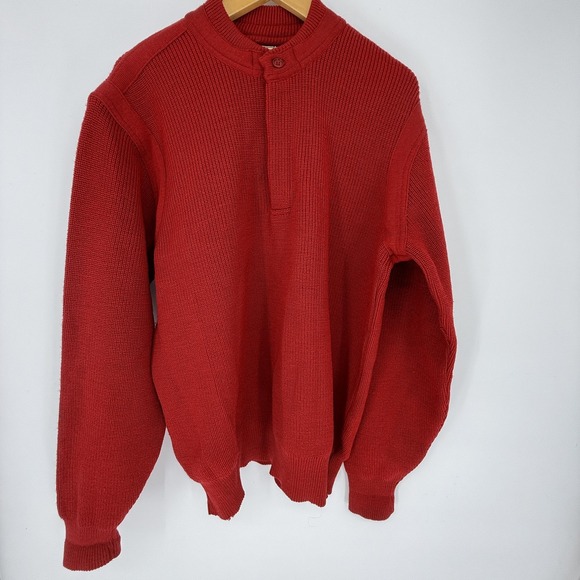 L.L.Bean Sweater Mens XL Red 100% Wool Button Mock Neck Henley Rib Knit Pullover